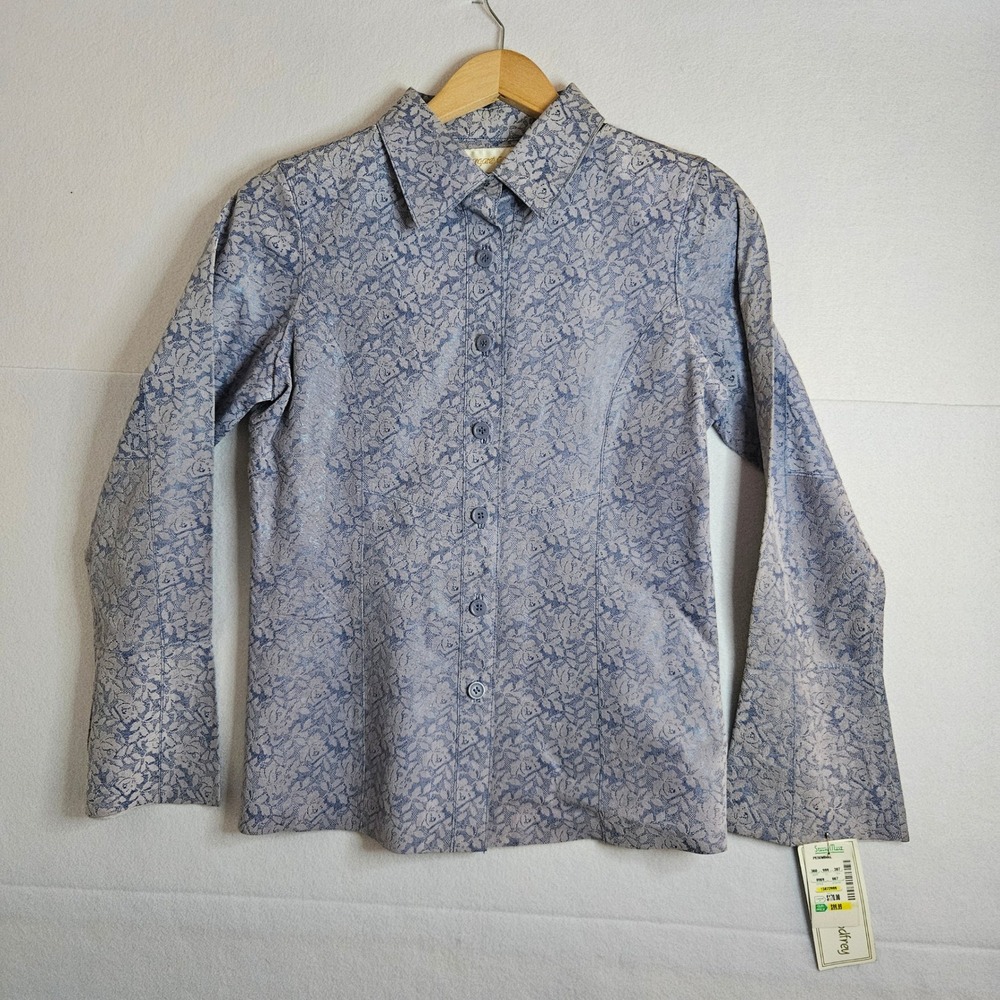 Margaret Godfrey Periwinkle Floral Genuine Leather Button Down‎ Shirt Small NWT